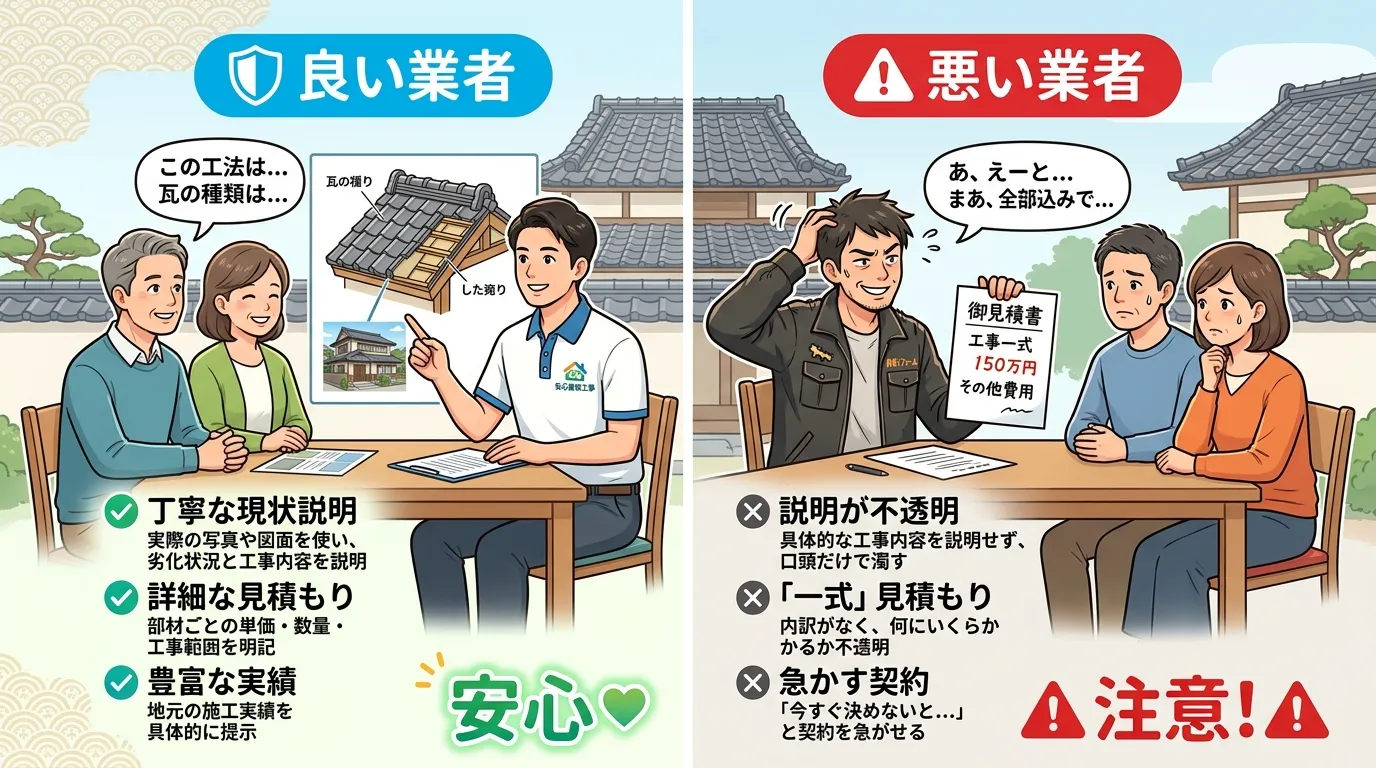 現代日本をベースに、日本人や日本の風景を使用すること, インフォグラフィック、瓦屋根の葺き替え工事における業者選びの比較図。画面を左右に分割し、左に「良い業者」、右に「悪い業者」を配置。左側は、施主の