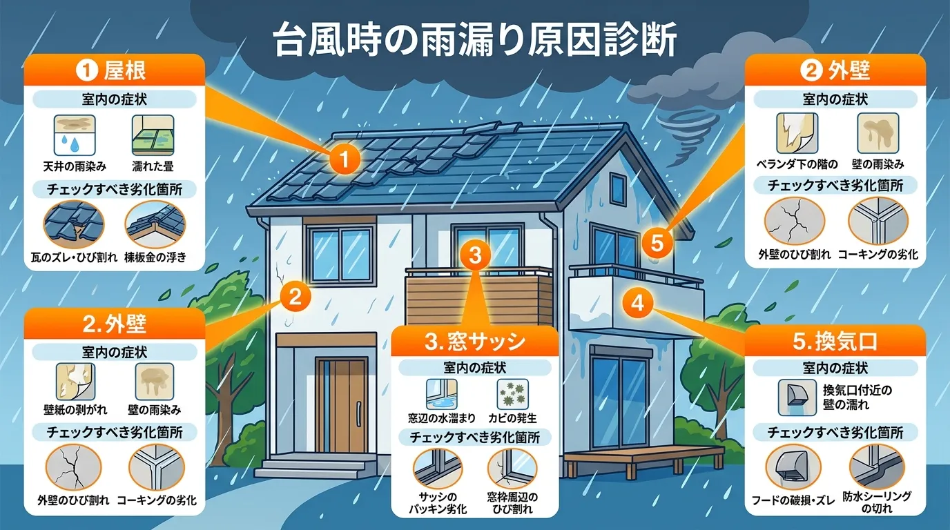 現代日本をベースに、日本人や日本の風景を使用すること, 台風時の雨漏り原因診断のインフォグラフィック。中央に家のイラストを配置し、雨漏りの原因となる「屋根」「外壁」「窓サッシ」「ベランダ」「換気口」の