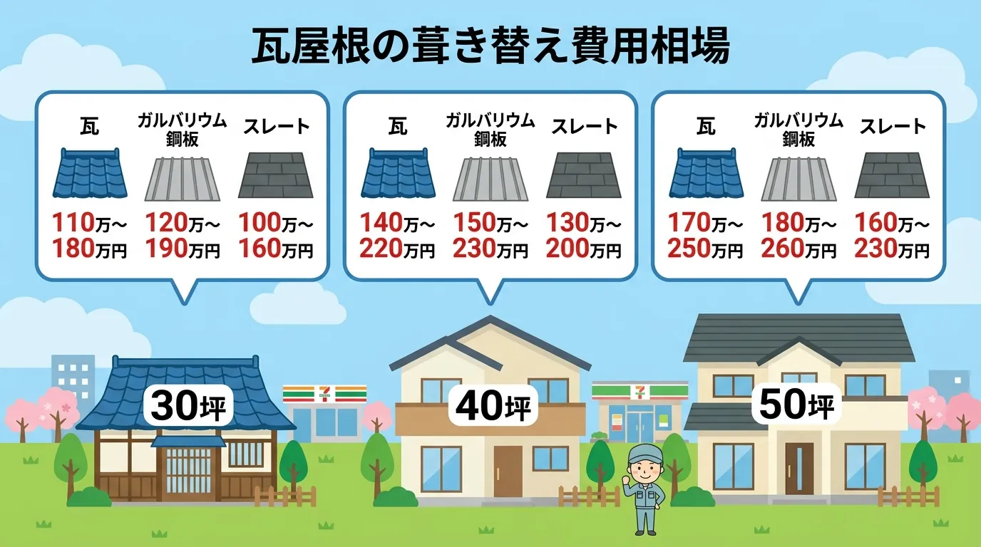 現代日本をベースに、日本人や日本の風景を使用すること, 「瓦屋根の葺き替え費用相場」というタイトルのインフォグラフィック。フラットデザインのデジタルイラスト。中央に大きさの違う3軒の家を横に並べ、それ