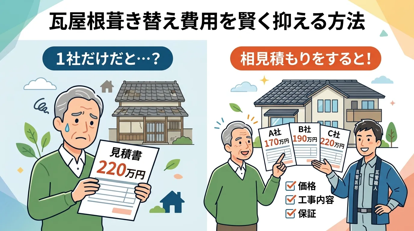 現代日本をベースに、日本人や日本の風景を使用すること, 「瓦屋根葺き替え費用を賢く抑える方法」というタイトルのインフォグラフィック。画面を左右に2分割した比較図。左側は「1社だけだと…?」の見出しで、