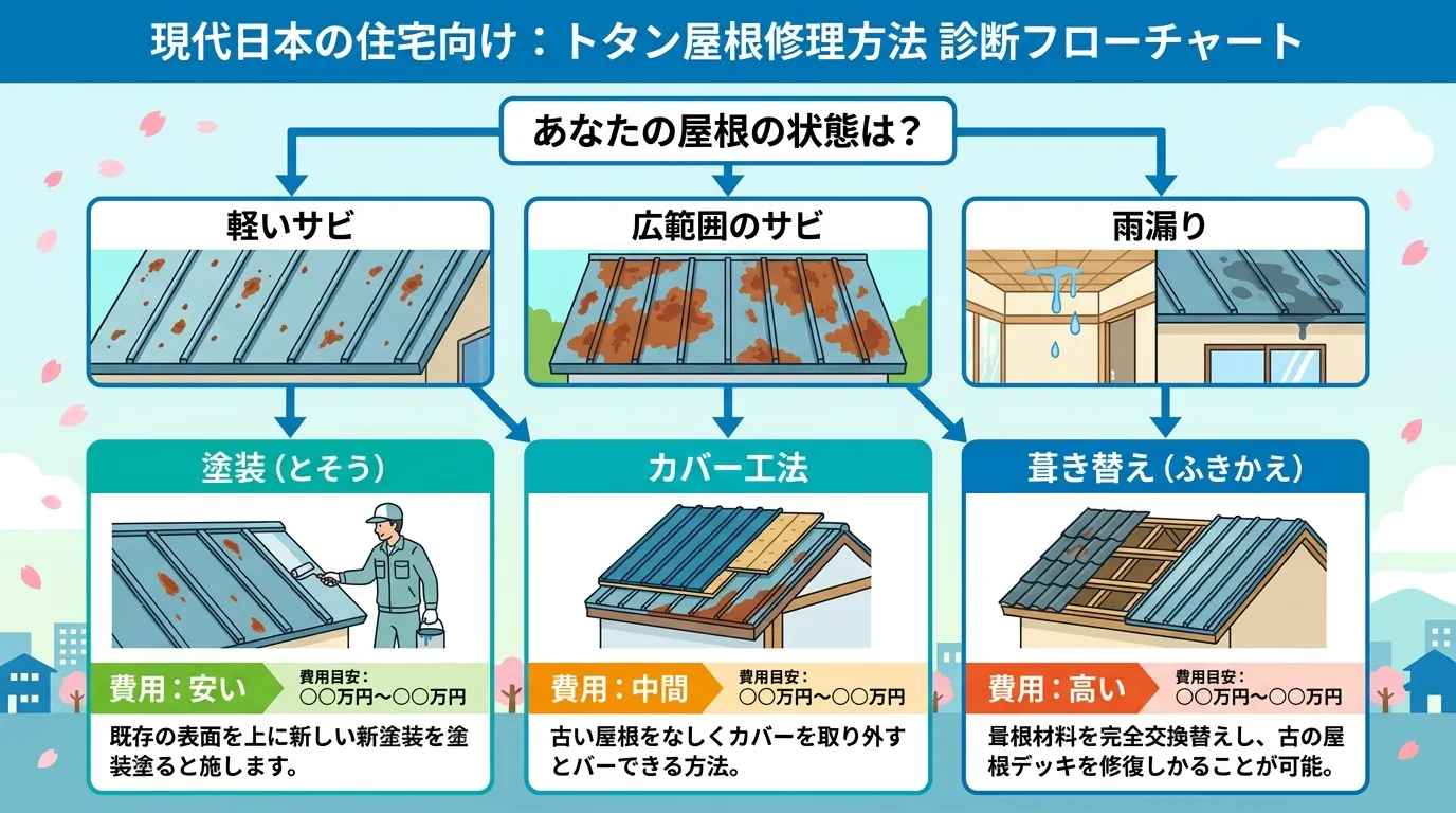 現代日本をベースに、日本人や日本の風景を使用すること, インフォグラフィック、トタン屋根の修理方法を選ぶための診断フローチャート。「あなたの屋根は?」という問いから「軽いサビ」「広範囲のサビ」「雨漏り