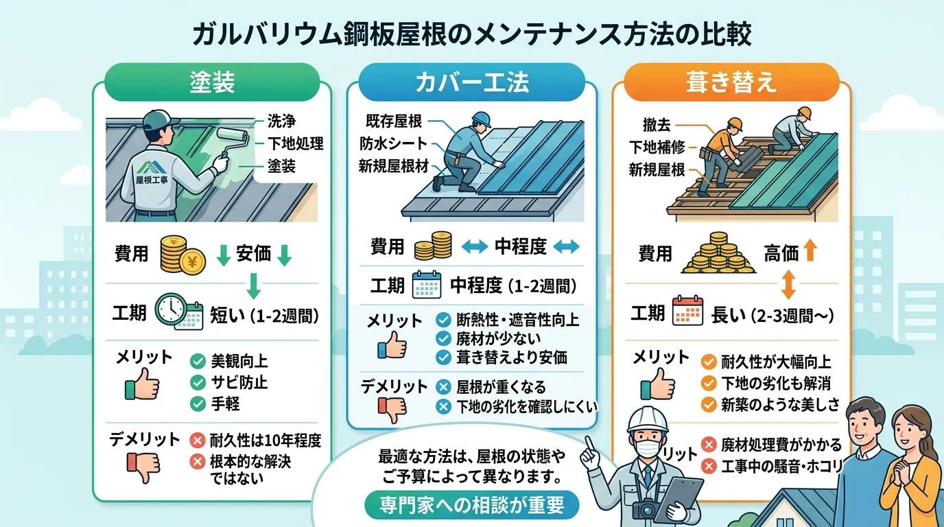 現代日本をベースに、日本人や日本の風景を使用すること, ガルバリウム鋼板屋根のメンテナンス方法「塗装」「カバー工法」「葺き替え」を比較するインフォグラフィック。画面を3分割し、各工法の作業イラストを配