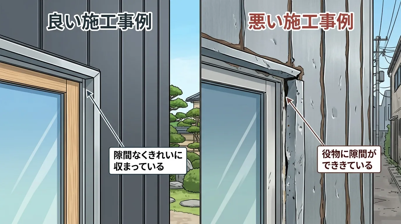 ガルバリウム外壁の「良い施工事例」と「悪い施工事例」を並べた比較写真。良い例はコーキングが均一で美しく、窓枠周りの役物(板金部材)が隙間なくきれいに収まっている。悪い例はコーキングが波打っていたり、役