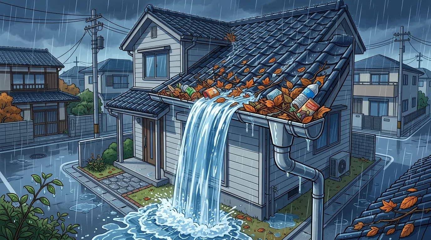 落ち葉やゴミで詰まった雨樋から、雨水が滝のように溢れ出している様子の写真。排水能力の超過が視覚的にわかることで、定期的な清掃の重要性を喚起する。]