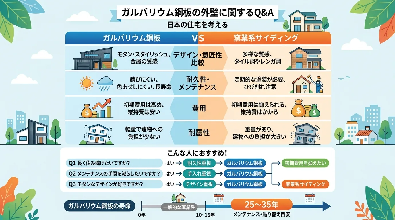 現代日本をベースに、日本人や日本の風景を使用すること, 「ガルバリウム鋼板の外壁」に関するQ&Aをまとめたインフォグラフィック。中央にガルバリウム鋼板と窯業系サイディングの比較図を配置し、デザイン・耐