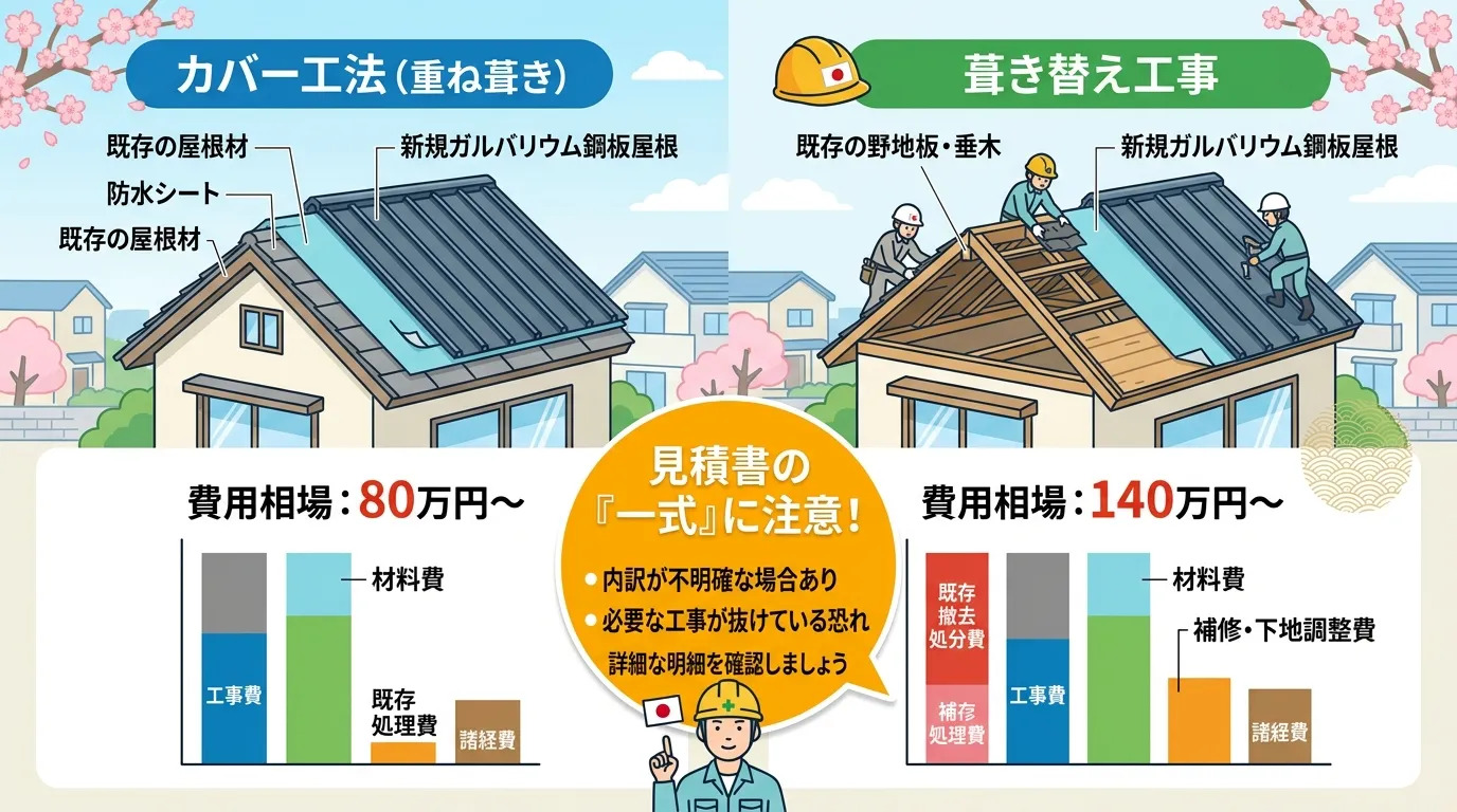 現代日本をベースに、日本人や日本の風景を使用すること, ガルバリウム鋼板屋根リフォームの工法別費用比較インフォグラフィック。左に「カバー工法」、右に「葺き替え工事」を配置し、それぞれの仕組みを家の屋根