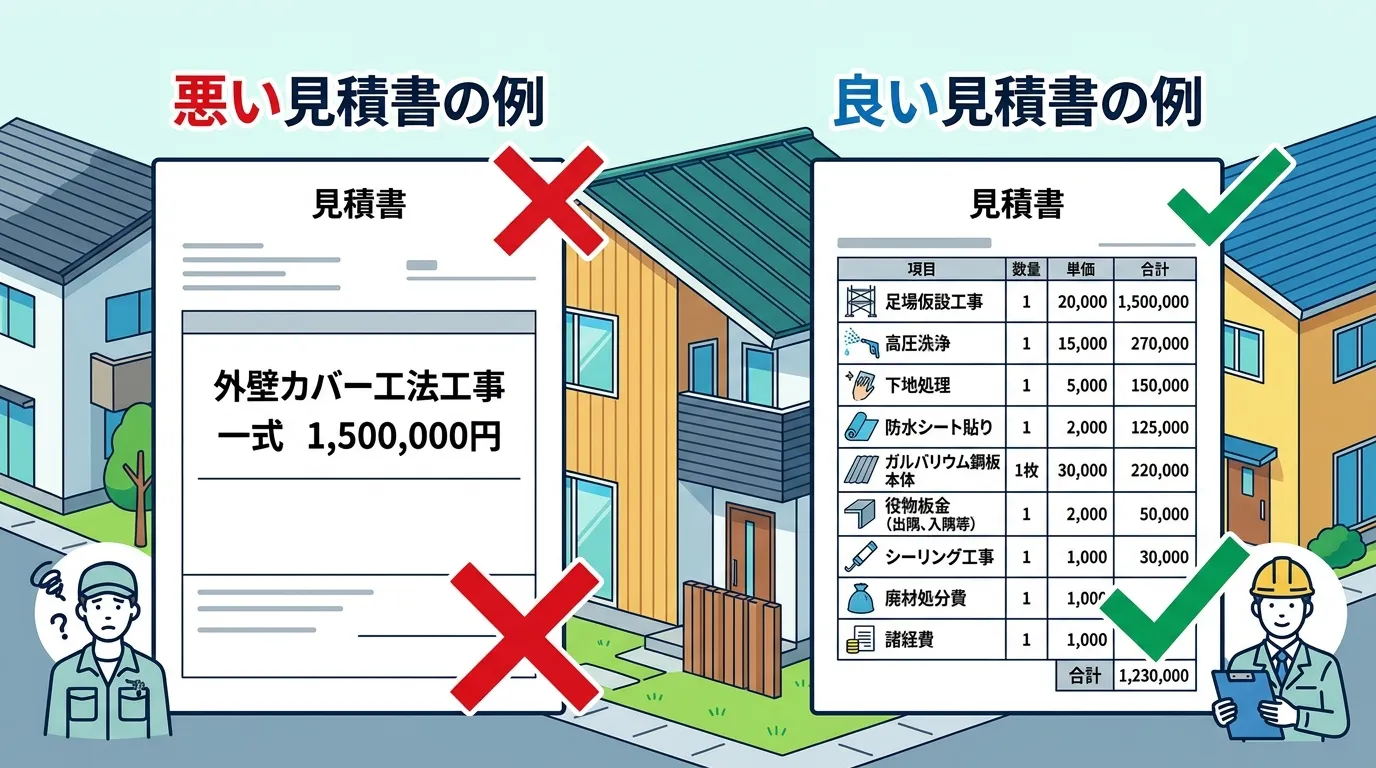 「良い見積書」と「悪い見積書」を比較した画像。悪い例は「外壁カバー工法工事 一式 1,500,000円」とだけ書かれたシンプルなもの。良い例は「足場仮設」「高圧洗浄」「防水シート」「ガルバリウム鋼板
