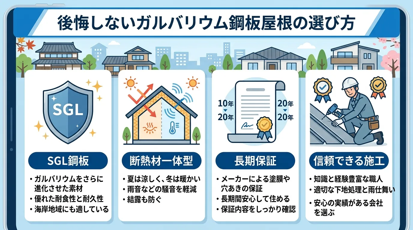 現代日本をベースに、日本人や日本の風景を使用すること, 「後悔しないガルバリウム鋼板屋根の選び方」というタイトルのインフォグラフィック。4つのポイントをアイコン付きで並べる。1「SGL鋼板」は盾のマー
