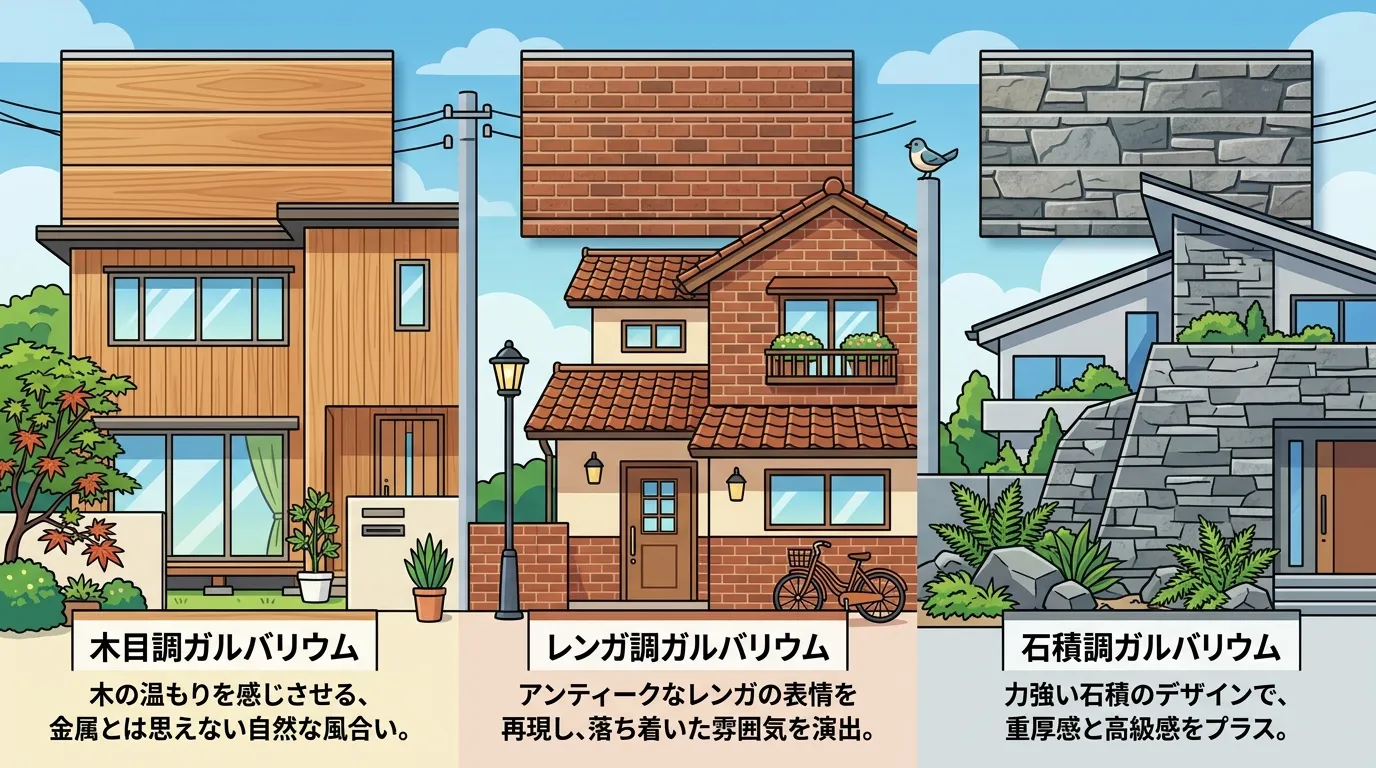 横張りガルバリウム鋼板のデザインバリエーションを示す複数の製品写真。木目調、レンガ調、石積調など、金属とは思えない温かみのあるデザインを紹介する。]