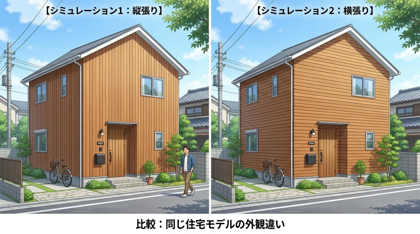 同じデザインの住宅モデルを使い、「縦張り」と「横張り」にした場合の外観シミュレーションCG画像。並べて比較することで、見た目の印象の違いを一目でわかるようにする。]