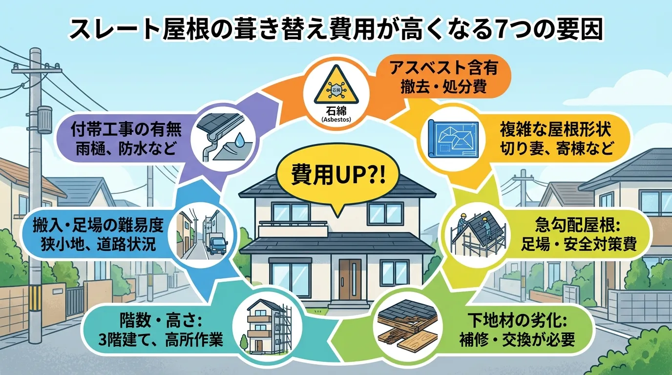 現代日本をベースに、日本人や日本の風景を使用すること, 「スレート屋根の葺き替え費用が高くなる7つの要因」をテーマにしたインフォグラフィック。中央に「費用UP?!」と吹き出しが出ている家のイラストを配