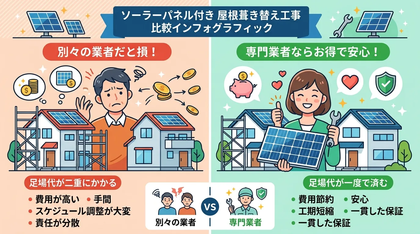 現代日本をベースに、日本人や日本の風景を使用すること, ソーラーパネル付き屋根葺き替え工事の比較インフォグラフィック。左に「別々の業者だと損!」として困り顔の人物と足場代が二重にかかる図解、右に「専門