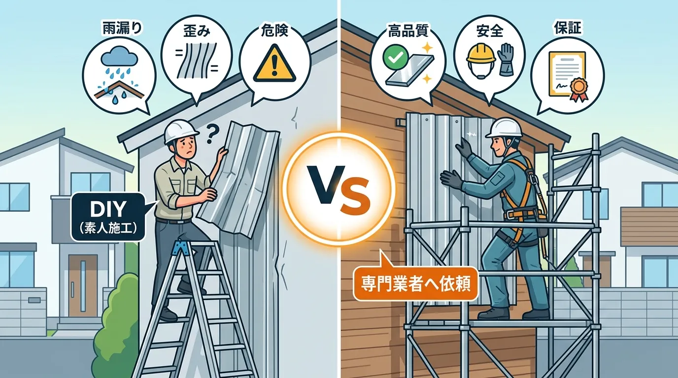 現代日本をベースに、日本人や日本の風景を使用すること, ガルバリウム鋼板の外壁工事について、「DIY」と「専門業者への依頼」を比較するインフォグラフィック。画面を左右に分割し、左側には脚立の上で困惑す