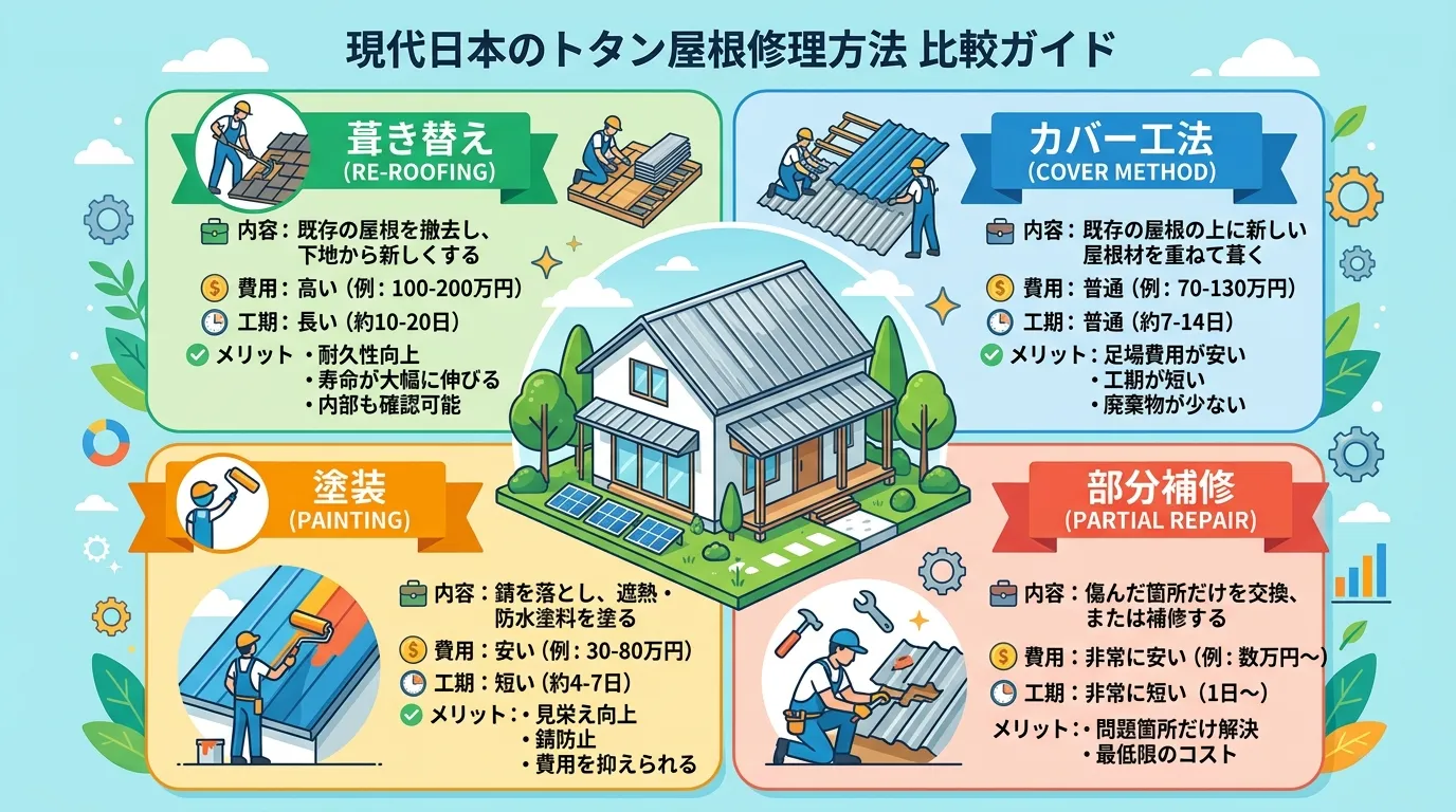 現代日本をベースに、日本人や日本の風景を使用すること, トタン屋根の修理方法「葺き替え」「カバー工法」「塗装」「部分補修」の4つを比較するインフォグラフィック。フラットデザインのデジタルイラストで、画