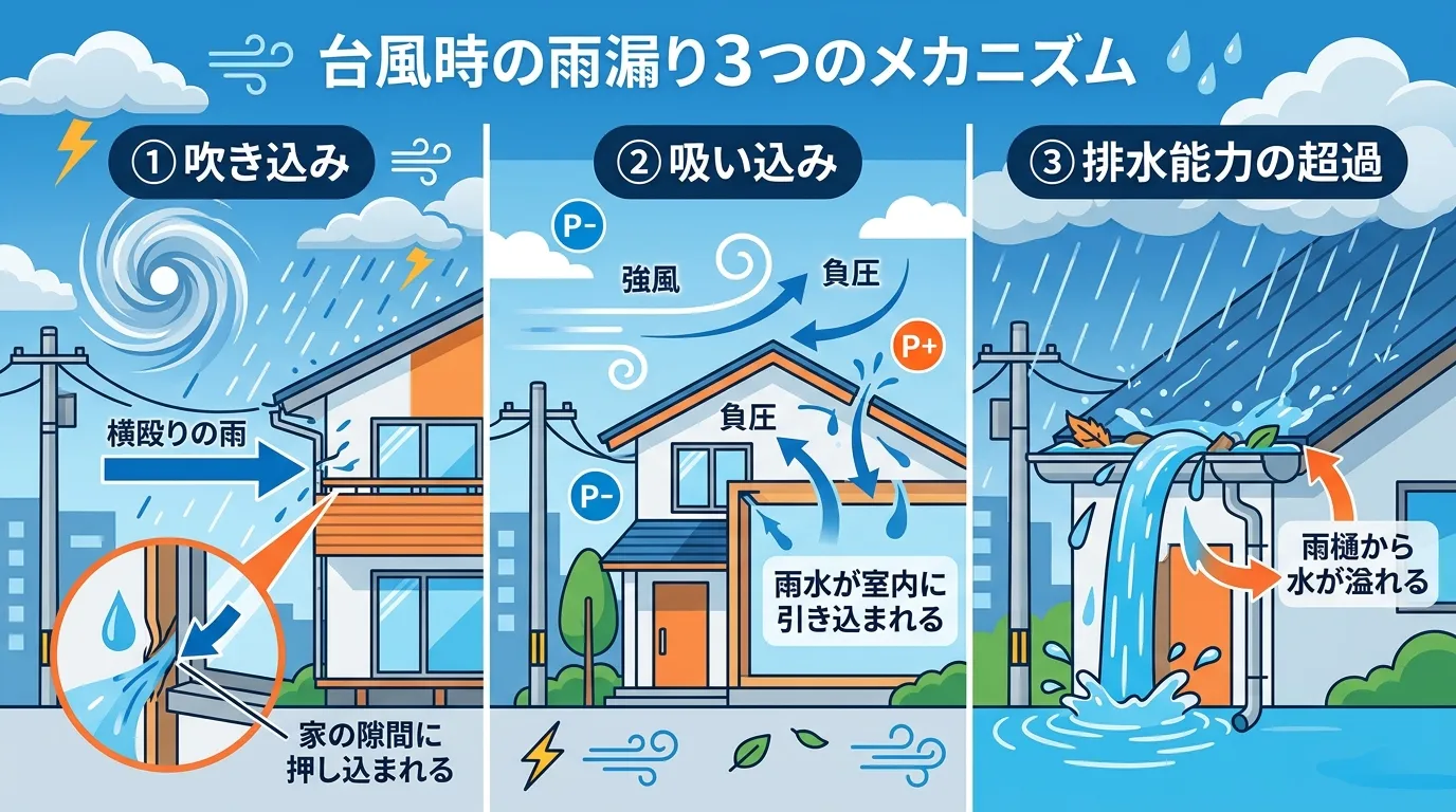 現代日本をベースに、日本人や日本の風景を使用すること, 「台風時の雨漏り3つのメカニズム」を解説するインフォグラフィック。フラットデザインのデジタルイラストで、画面を3分割する。左に「①吹き込み」とし
