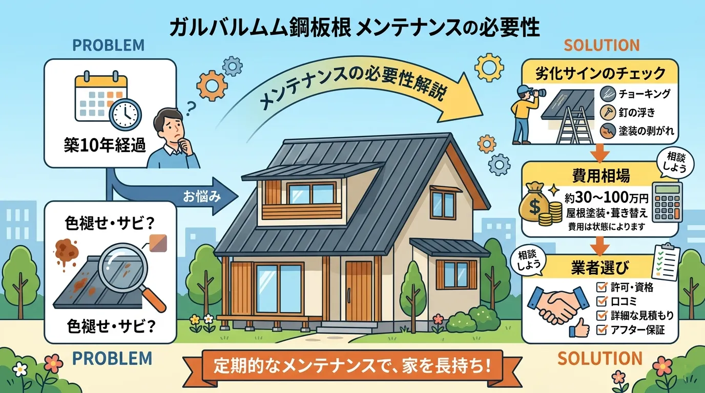 現代日本をベースに、日本人や日本の風景を使用すること, ガルバリウム鋼板屋根のメンテナンスの必要性を解説するインフォグラフィック。家のイラストを中心に、「築10年経過」「色褪せ・サビ?」という悩みのア