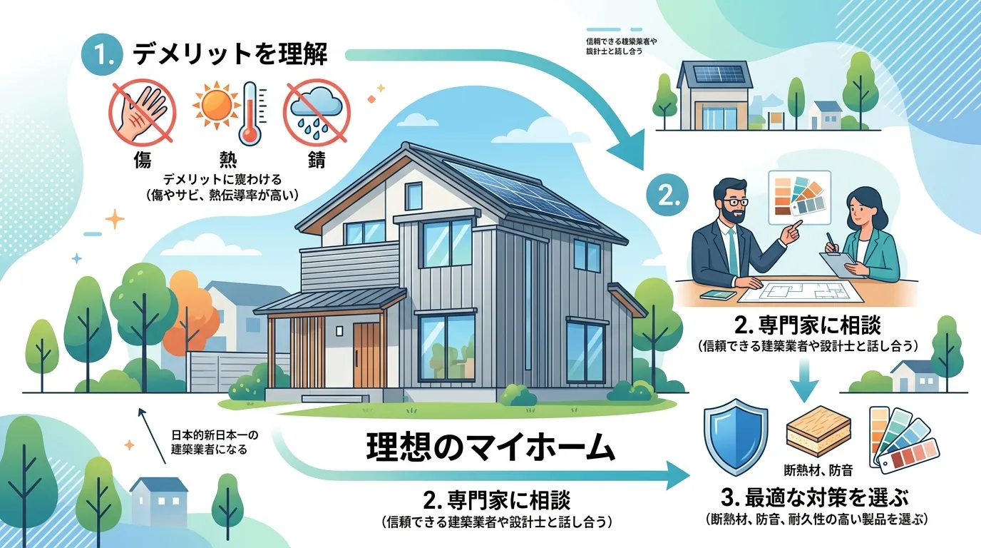 現代日本をベースに、日本人や日本の風景を使用すること, ガルバリウム外壁で後悔しない選択をするための手順を示すインフォグラフィック。中央に「理想のマイホーム」と書かれたモダンなガルバリウムの家。その周