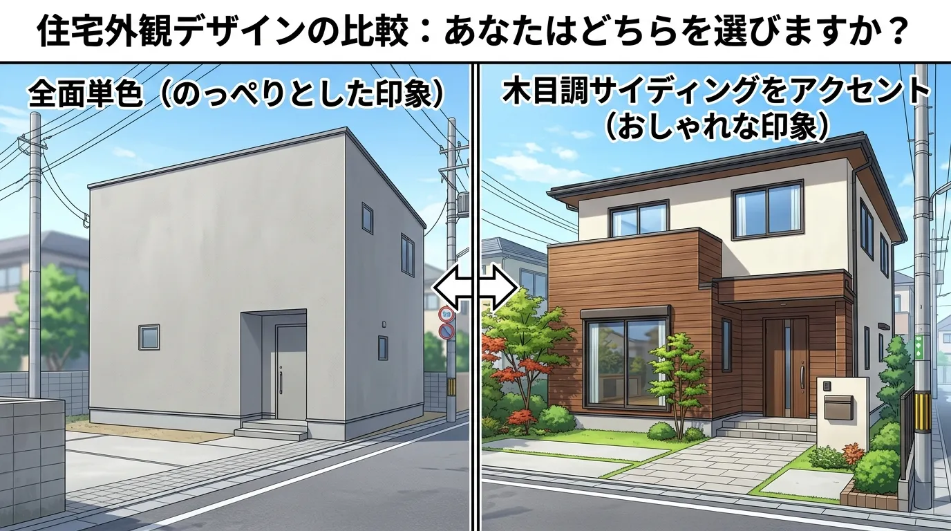 全面単色でのっぺりした印象の外観（左）と、木目調サイディングをアクセントに使ったおしゃれな外観（右）の比較写真]
