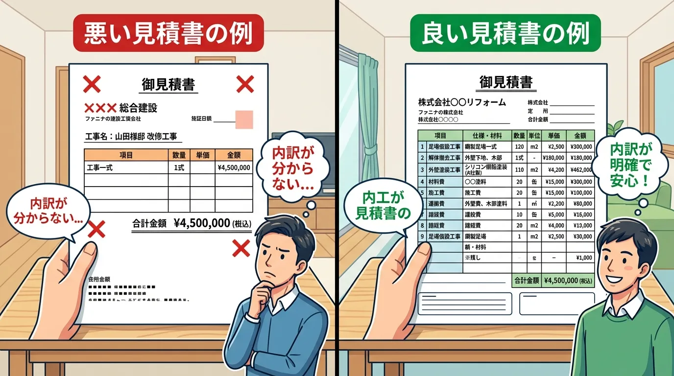 「工事一式」と曖昧に記載された悪い見積書の例と、材料費や施工費などの内訳が詳細に記載された良い見積書の比較写真]