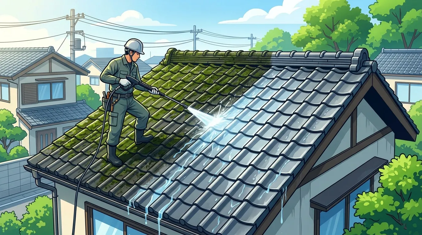 高圧洗浄機で洗浄している部分と、まだ洗浄していない苔や汚れが残っている部分が明確に分かれている屋根の写真。洗浄効果がひと目でわかるもの。]