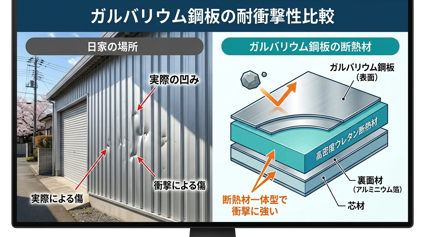 ガルバリウム鋼板についた実際の凹み（左）と、断熱材一体型で衝撃に強くなった製品の断面図（右）の比較写真]
