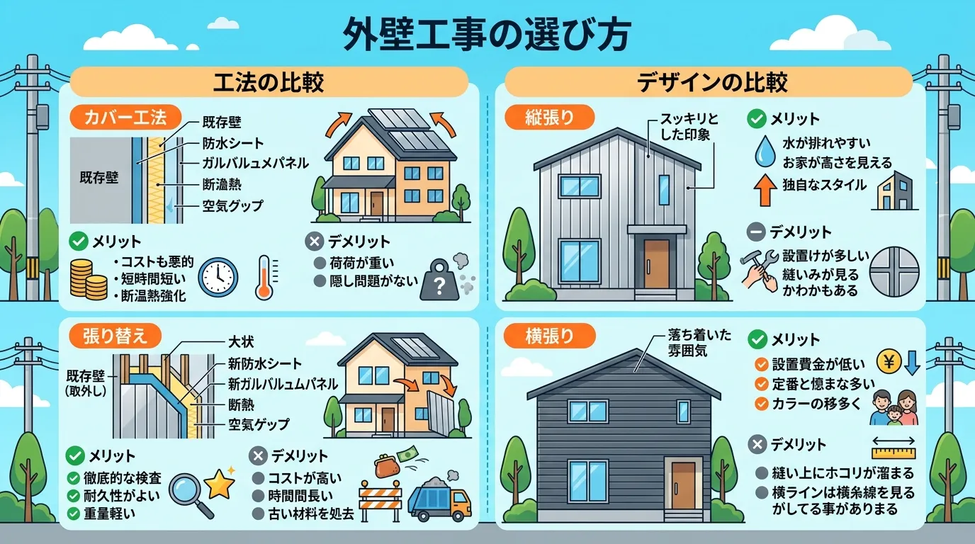 現代日本をベースに、日本人や日本の風景を使用すること, ガルバリウム鋼板の外壁工事の選択肢を解説するインフォグラフィック。中央に「外壁工事の選び方」とタイトルを配置。図は左右に大きく2分割し、左側は「