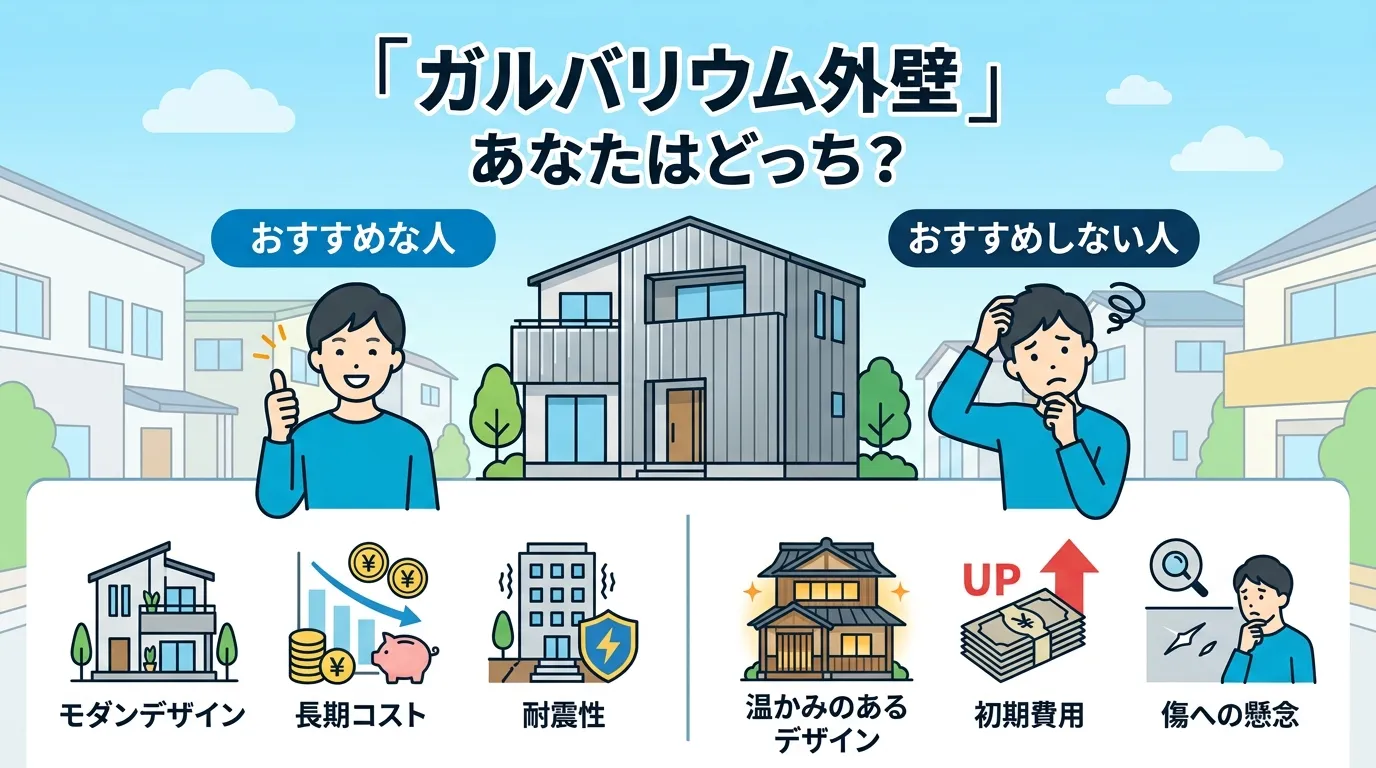 現代日本をベースに、日本人や日本の風景を使用すること, インフォグラフィック、比較図。中央に「ガルバリウム外壁 あなたはどっち?」というタイトルとモダンな家のイラスト。左側に「おすすめな人」として満足