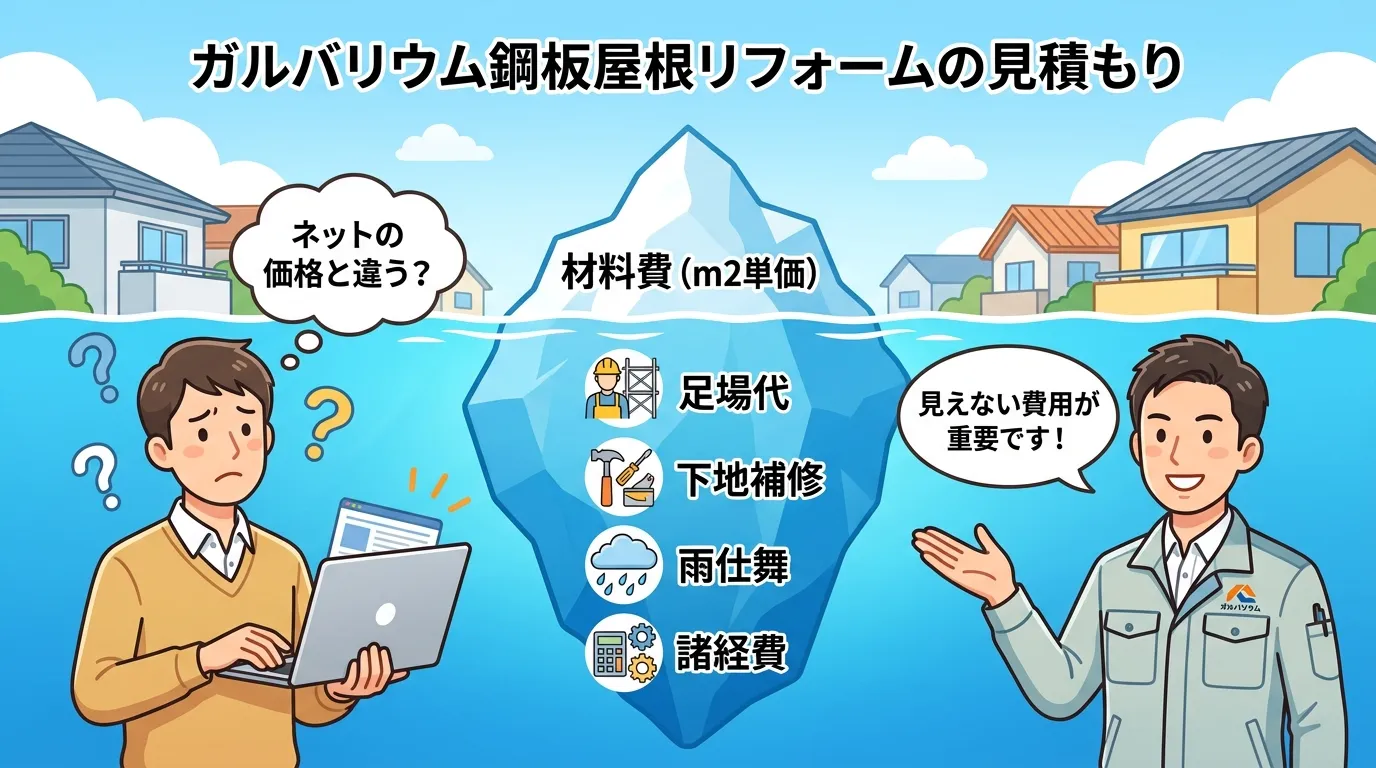 現代日本をベースに、日本人や日本の風景を使用すること, 「ガルバリウム鋼板屋根リフォームの見積もり」をテーマにしたインフォグラフィック。中央に氷山を配置し、水面上の小さな先端に「材料費（m2単価）」と