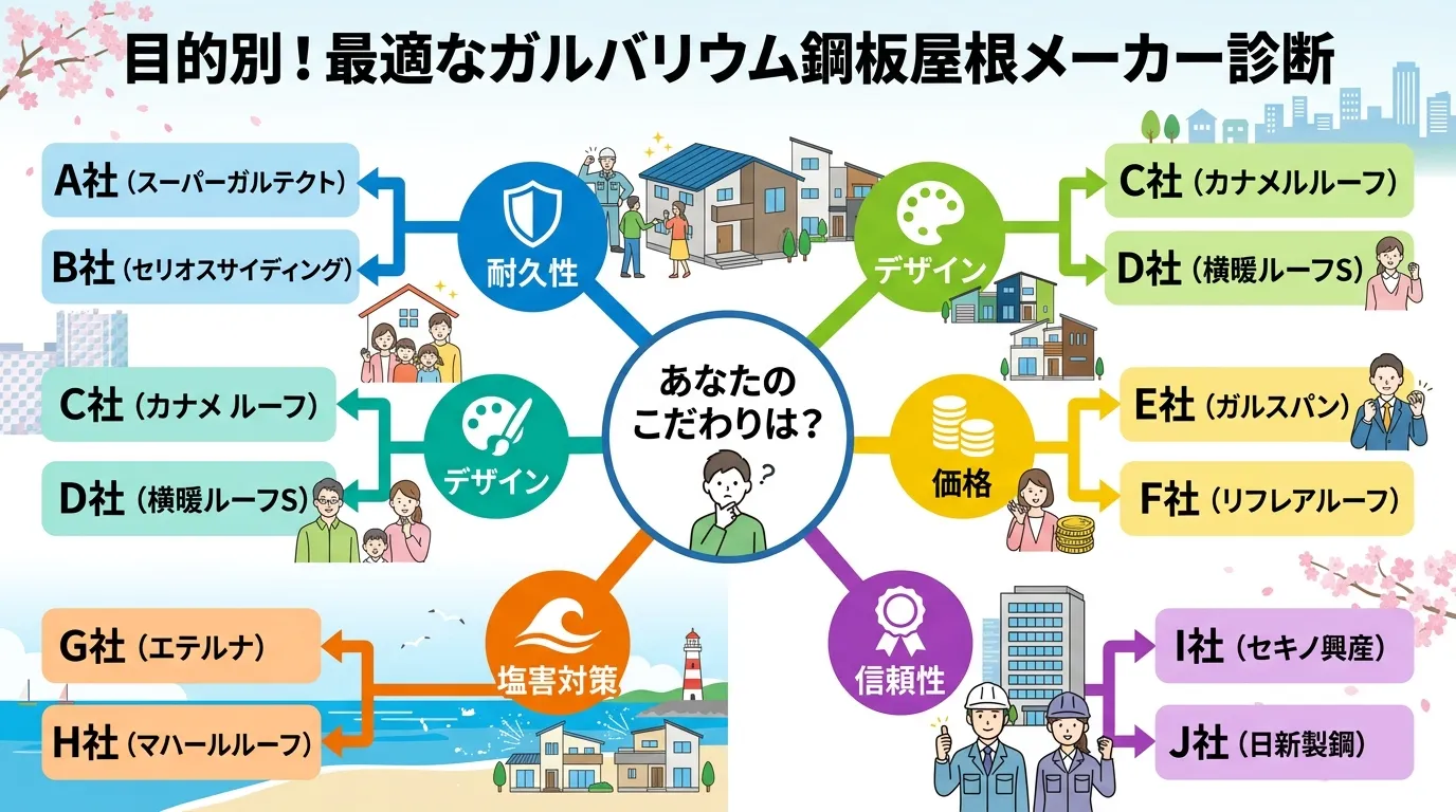 現代日本をベースに、日本人や日本の風景を使用すること, 「目的別!最適なガルバリウム鋼板屋根メーカー診断」というタイトルのインフォグラフィック。中央の「あなたのこだわりは?」から「耐久性(盾)」「デザ