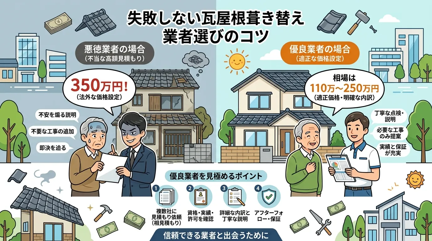 現代日本をベースに、日本人や日本の風景を使用すること, 瓦屋根の葺き替え工事をテーマにしたインフォグラフィック。左側に悪徳業者から「350万円!」という高額見積もりを見せられ不安な家主、右側に優良業者