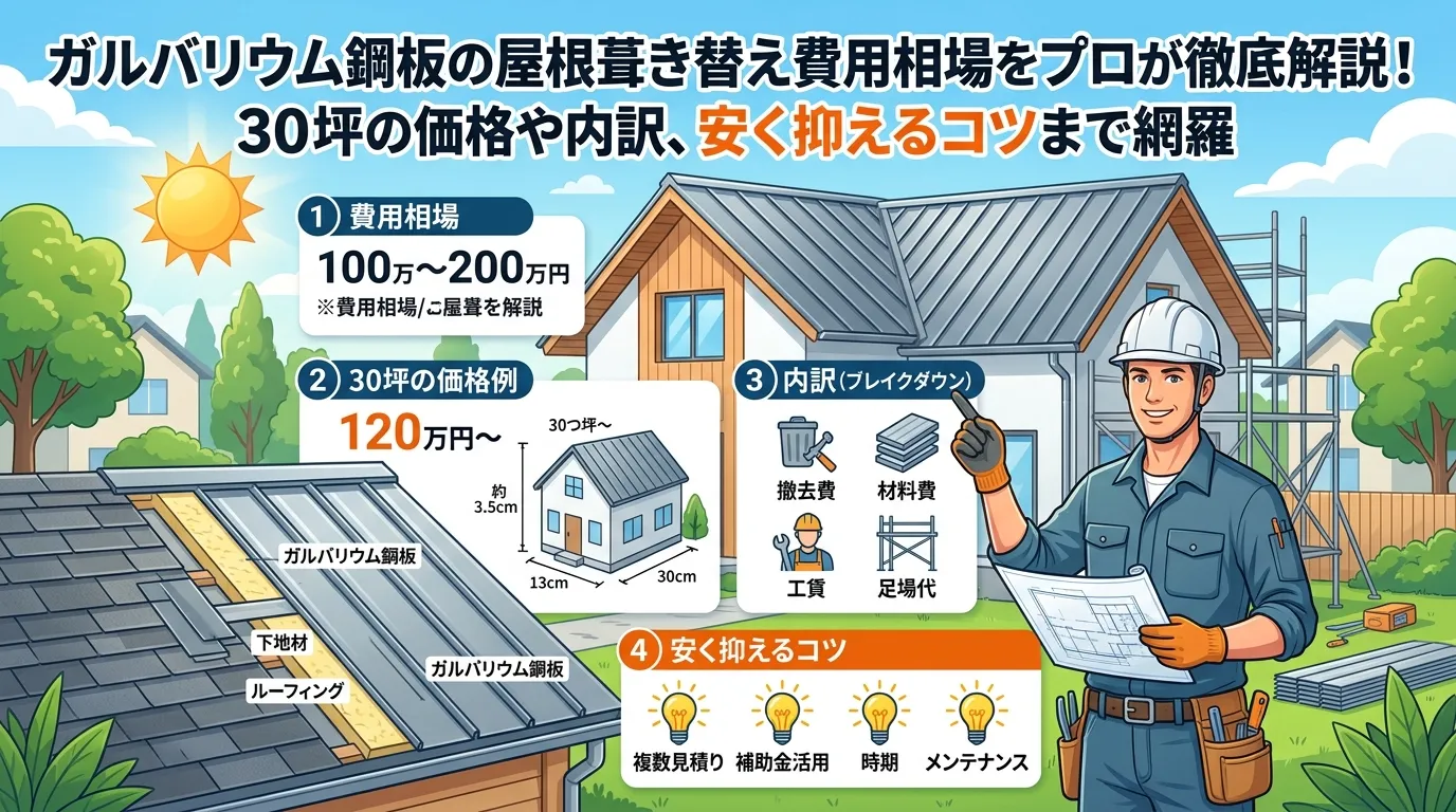 ガルバリウム鋼板の屋根葺き替え費用相場をプロが徹底解説！30坪の価格や内訳、安く抑えるコツまで網羅