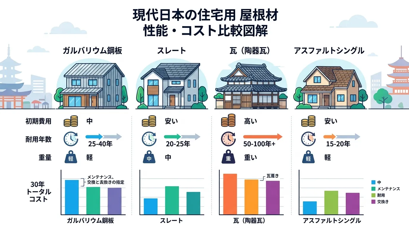 現代日本をベースに、日本人や日本の風景を使用すること, インフォグラフィック。4種類の屋根材（ガルバリウム鋼板、スレート、瓦、アスファルトシングル）の性能とコストを比較する図解。4つのカラムに分け、各