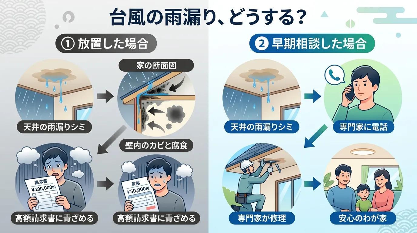 現代日本をベースに、日本人や日本の風景を使用すること, 「台風の雨漏り、どうする?」というタイトルのインフォグラフィック。画面を左右に分割。左側は「放置した場合」のシナリオで、雨漏りのシミ→家の断面図