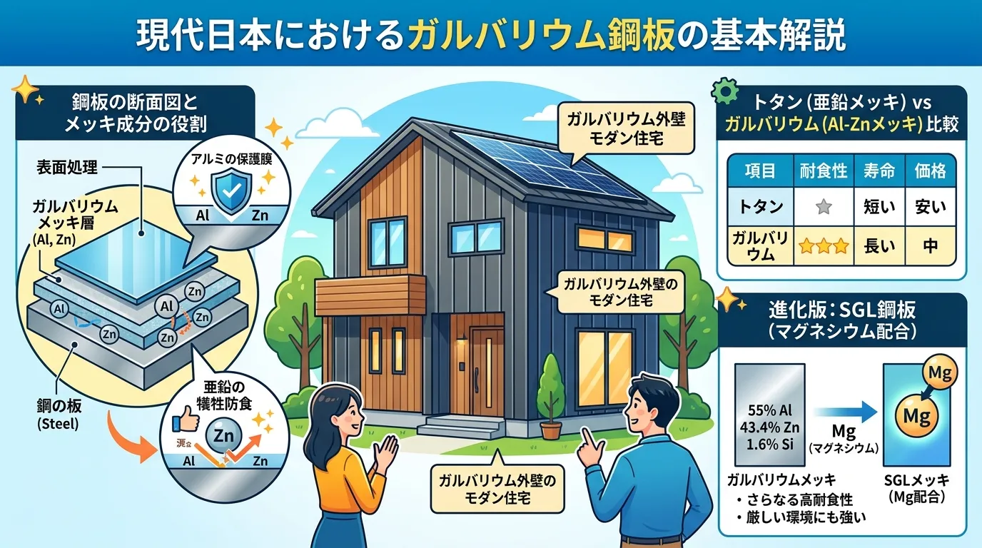 現代日本をベースに、日本人や日本の風景を使用すること, ガルバリウム鋼板の基本を解説するインフォグラフィック。中央にガルバリウム外壁のモダンな家を配置。左側に鋼板の断面図を拡大し、メッキ成分(アルミの