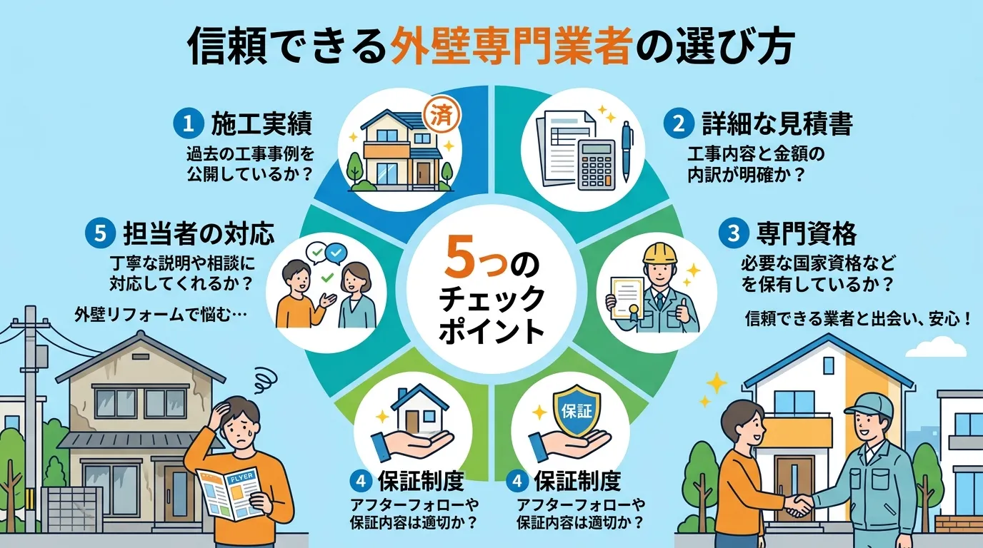 現代日本をベースに、日本人や日本の風景を使用すること, 「信頼できる外壁専門業者の選び方」をテーマにしたインフォグラフィック。中央に「5つのチェックポイント」というタイトルを配置し、その周りに番号とア