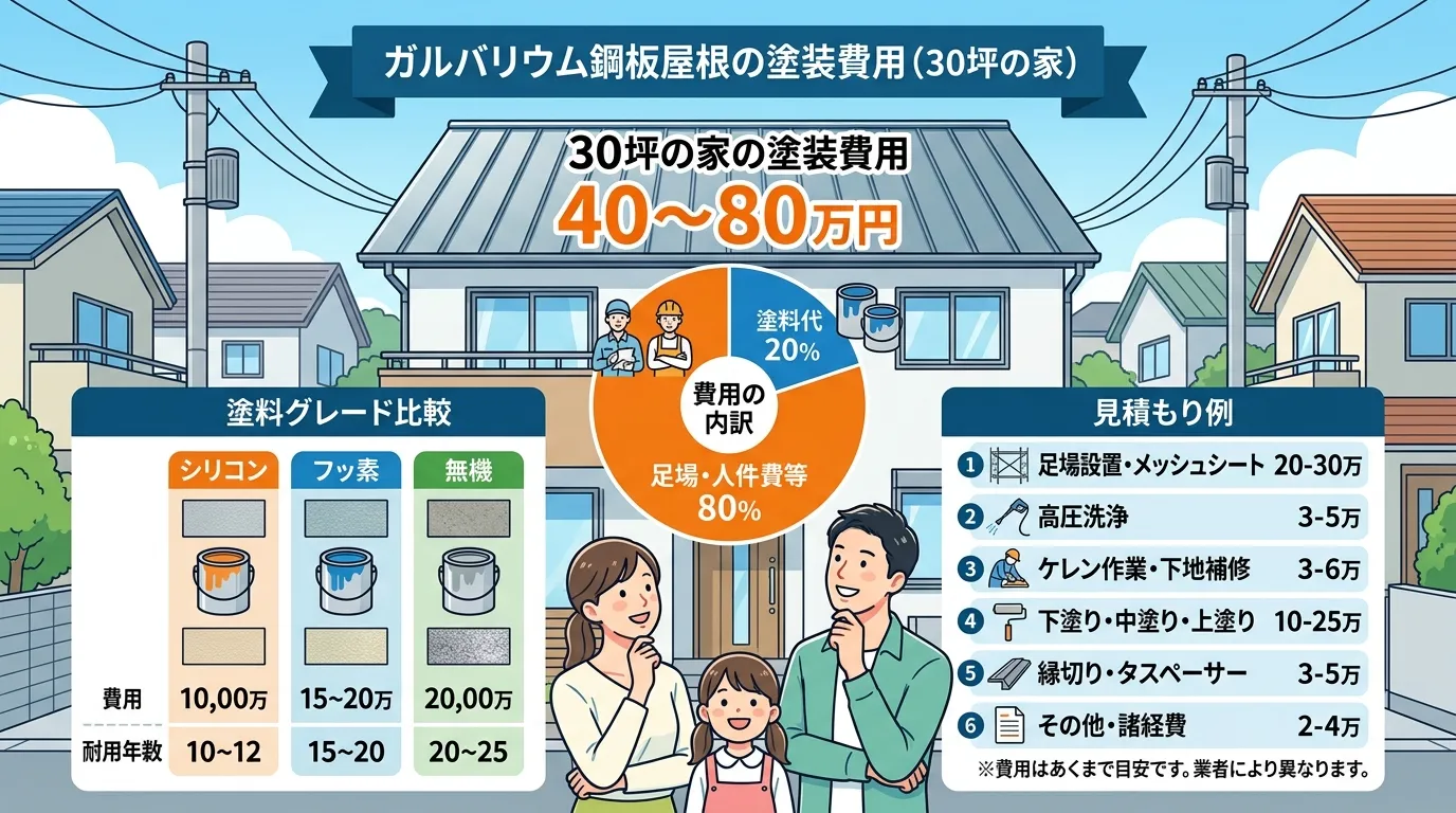現代日本をベースに、日本人や日本の風景を使用すること, ガルバリウム鋼板屋根の塗装費用に関するインフォグラフィック。中央に「30坪の家の塗装費用 40~80万円」と大きく記載。その下に費用の内訳を示す