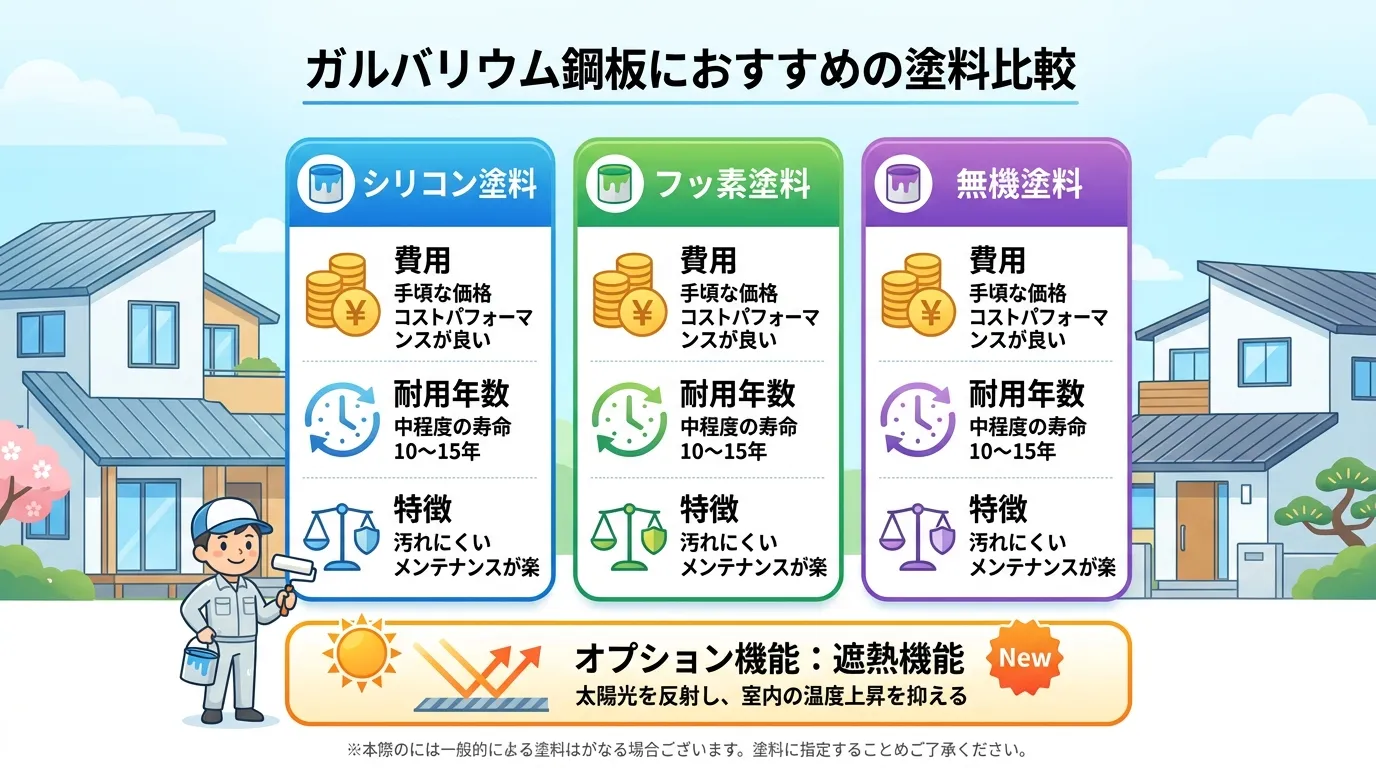 現代日本をベースに、日本人や日本の風景を使用すること, ガルバリウム鋼板におすすめの塗料を比較するインフォグラフィック。「シリコン」「フッ素」「無機」の3つの選択肢を横に並べ、それぞれに費用(円マーク
