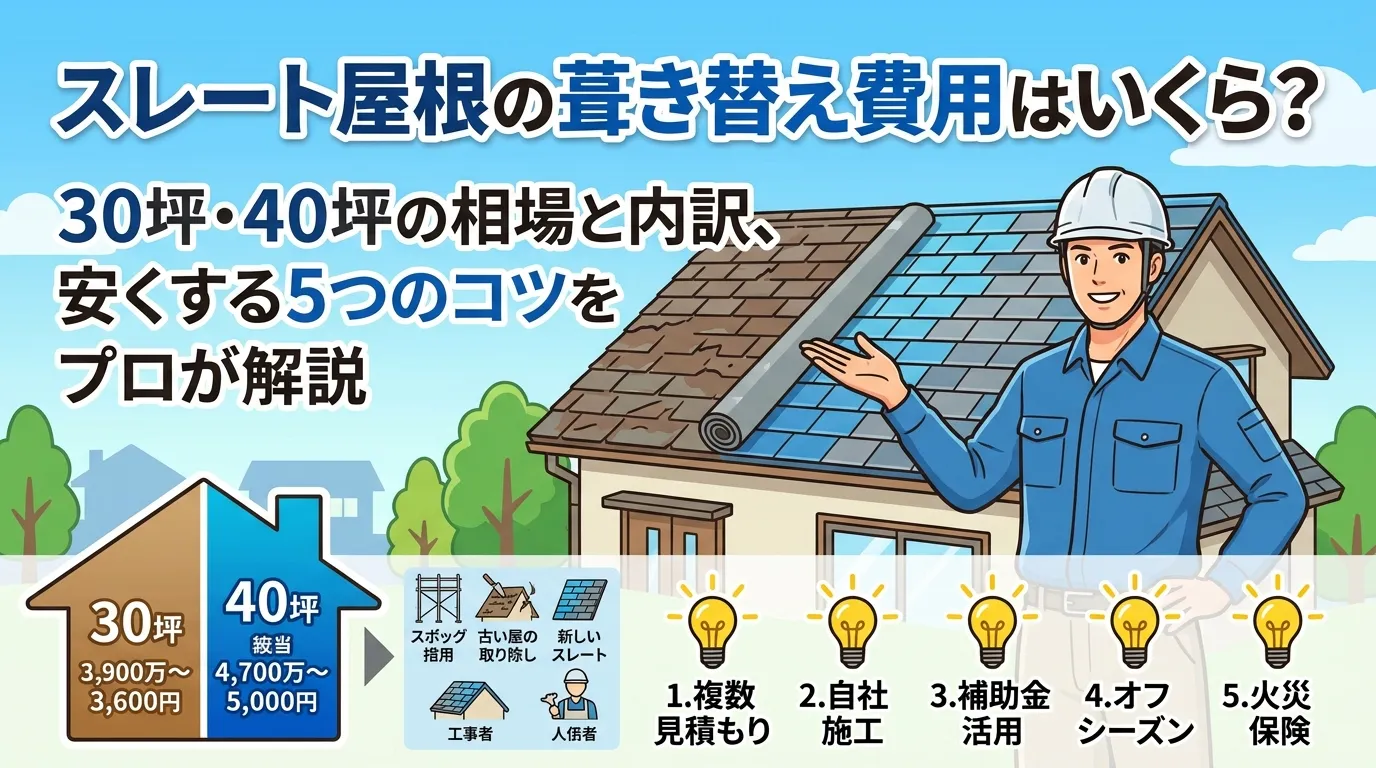 スレート屋根の葺き替え費用はいくら？30坪・40坪の相場と内訳、安くする5つのコツをプロが解説