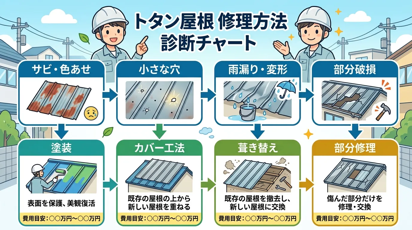 現代日本をベースに、日本人や日本の風景を使用すること, 「トタン屋根 修理方法 診断チャート」というタイトルのインフォグラフィック。4つの症状(「サビ・色あせ」「小さな穴」「雨漏り・変形」「部分破損」