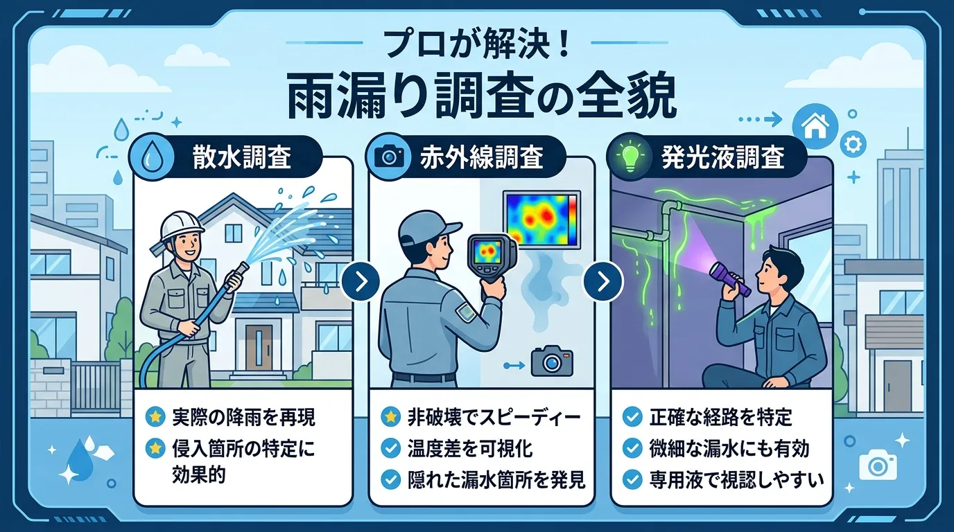 現代日本をベースに、日本人や日本の風景を使用すること, 「プロが解決!雨漏り調査の全貌」というタイトルのインフォグラフィック。中央に「散水調査」「赤外線調査」「発光液調査」の3つの調査方法を比較する図