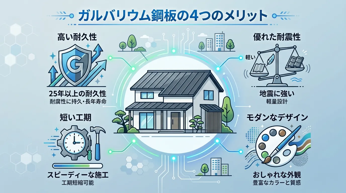 現代日本をベースに、日本人や日本の風景を使用すること, 「ガルバリウム鋼板の4つのメリット」というタイトルのインフォグラフィック。中央にモダンな家の屋根のイラストを配置し、その周りに4つのメリットをア