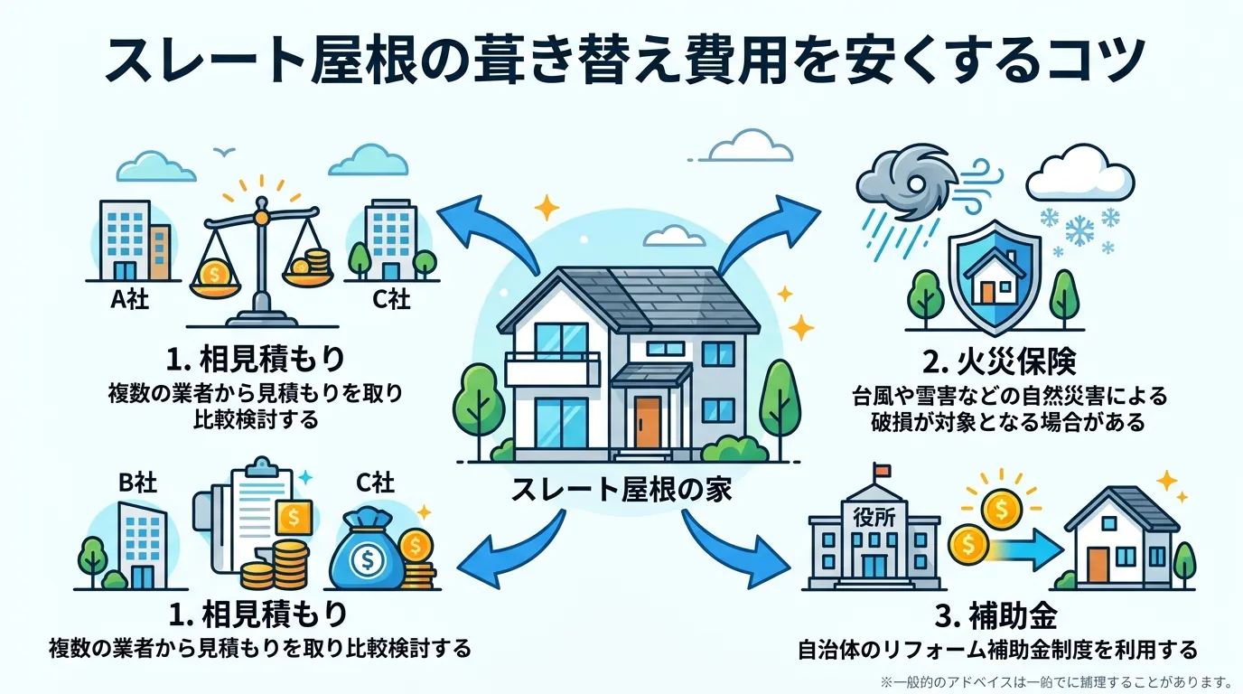 現代日本をベースに、日本人や日本の風景を使用すること, 「スレート屋根の葺き替え費用を安くするコツ」というタイトルのインフォグラフィック。中央に家のアイコンを配置し、そこから3つの方法を矢印で示す。1