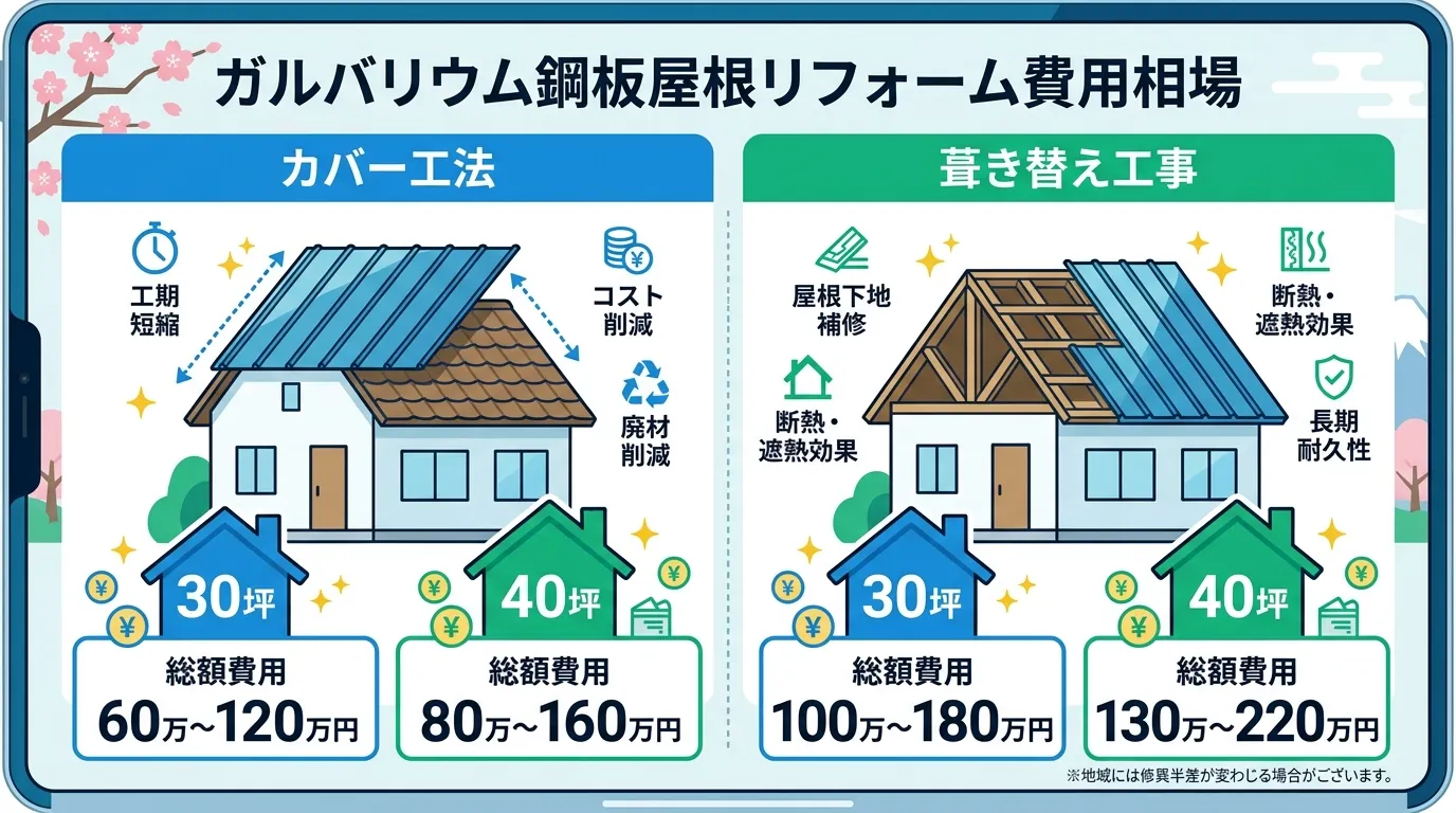 現代日本をベースに、日本人や日本の風景を使用すること, 「ガルバリウム鋼板屋根リフォーム費用相場」というタイトルのインフォグラフィック。画面を左右に分割し、左に「カバー工法」、右に「葺き替え工事」を配