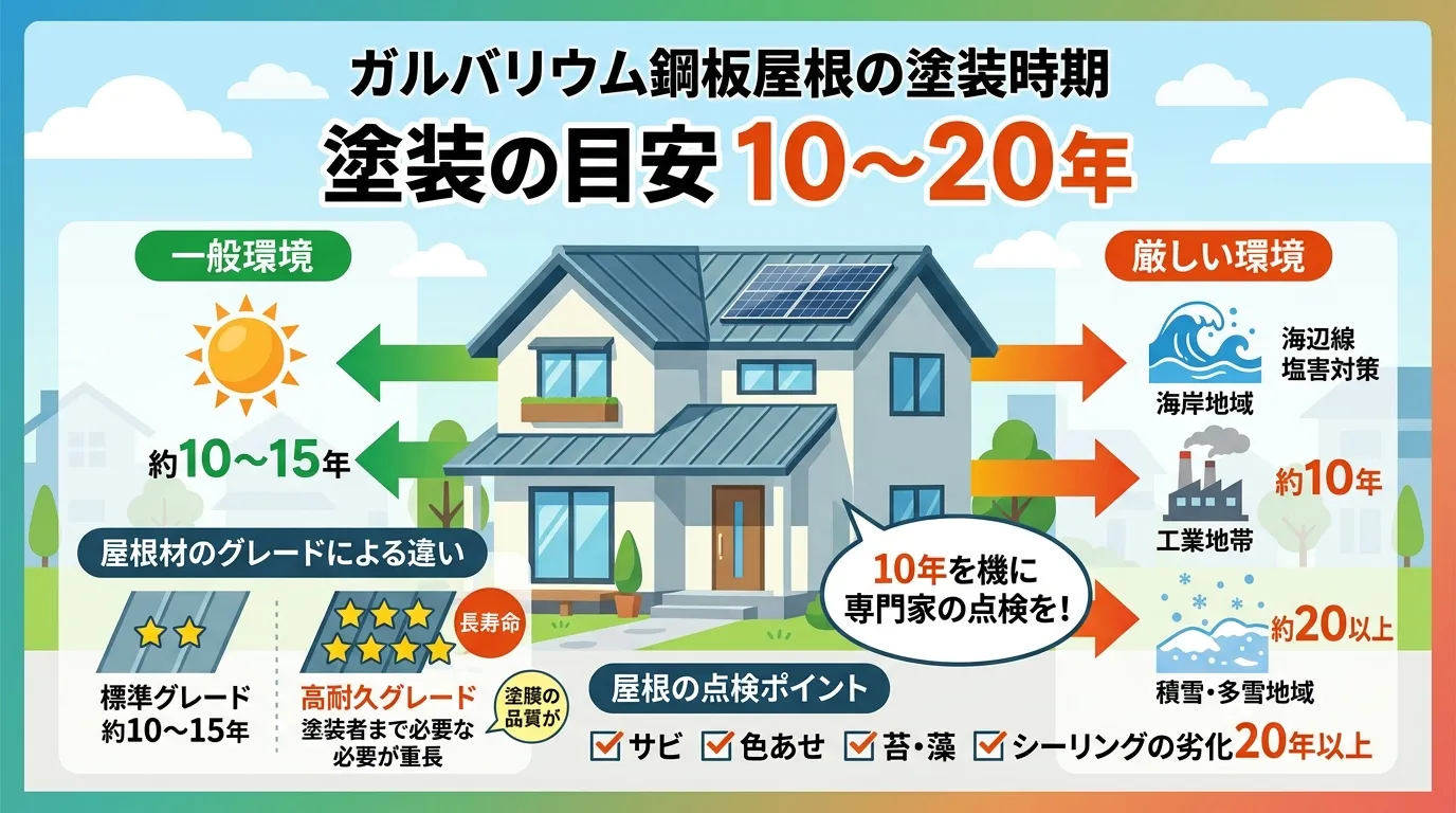 現代日本をベースに、日本人や日本の風景を使用すること, 「ガルバリウム鋼板屋根の塗装時期」がテーマのインフォグラフィック。中央に家のイラストを配置し、大きな見出しで「塗装の目安 10~20年」。左右に