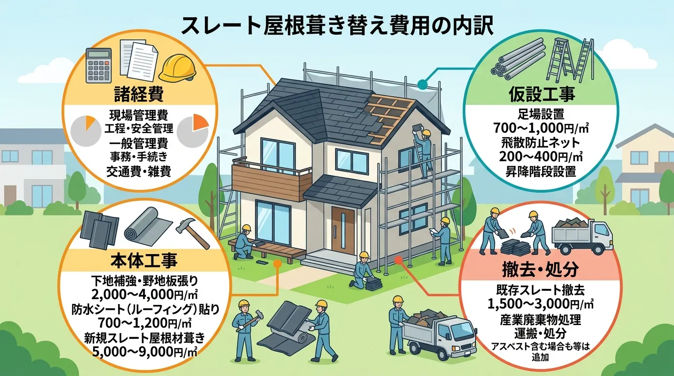 現代日本をベースに、日本人や日本の風景を使用すること, 「スレート屋根葺き替え費用の内訳」をテーマにしたインフォグラフィック。中央にタイトルと家のイラストを配置し、その周りに「仮設工事」「撤去・処分」