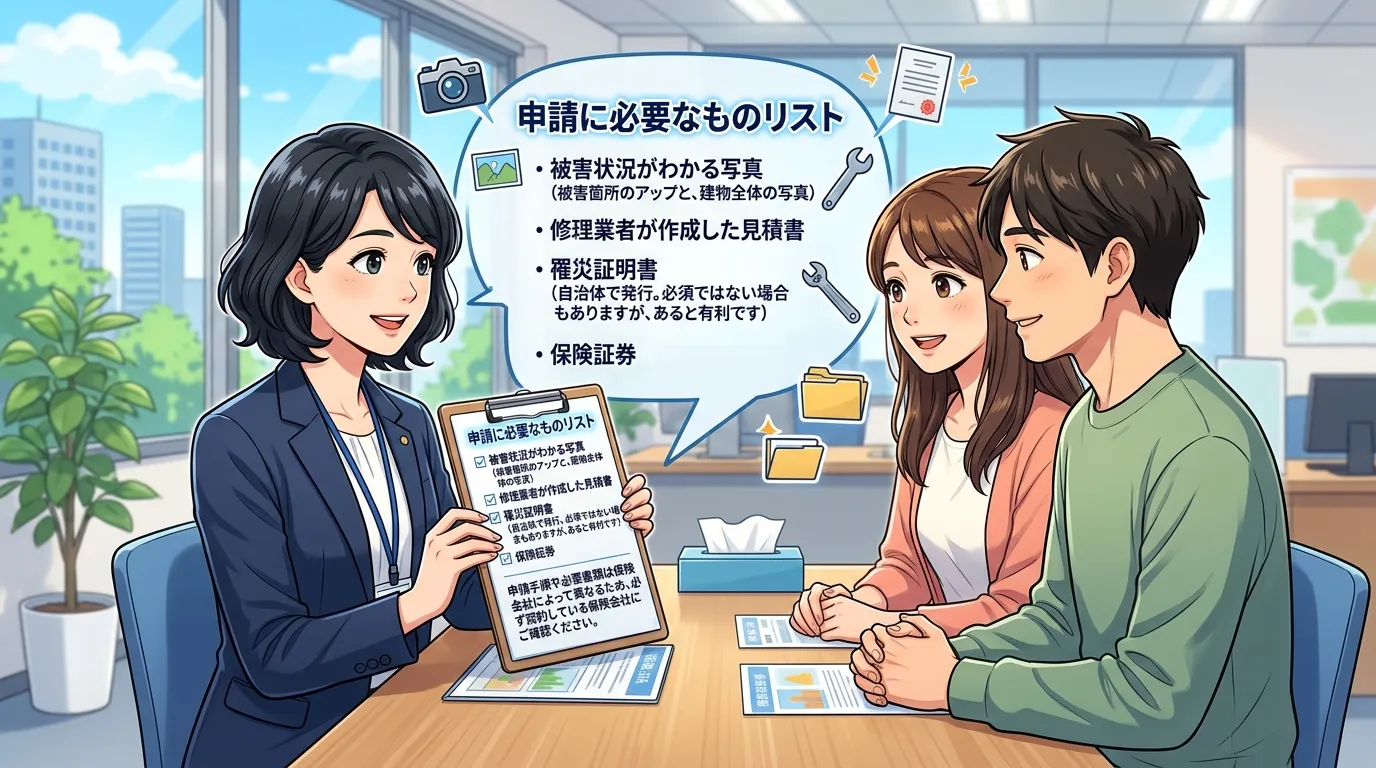 [注意: 申請に必要なものリスト] 火災保険の申請には、一般的に以下の書類や情報が必要になります。事前に準備しておくと手続きがスムーズです。 - **被害状況がわかる写真**（被害箇所のアップと、建物