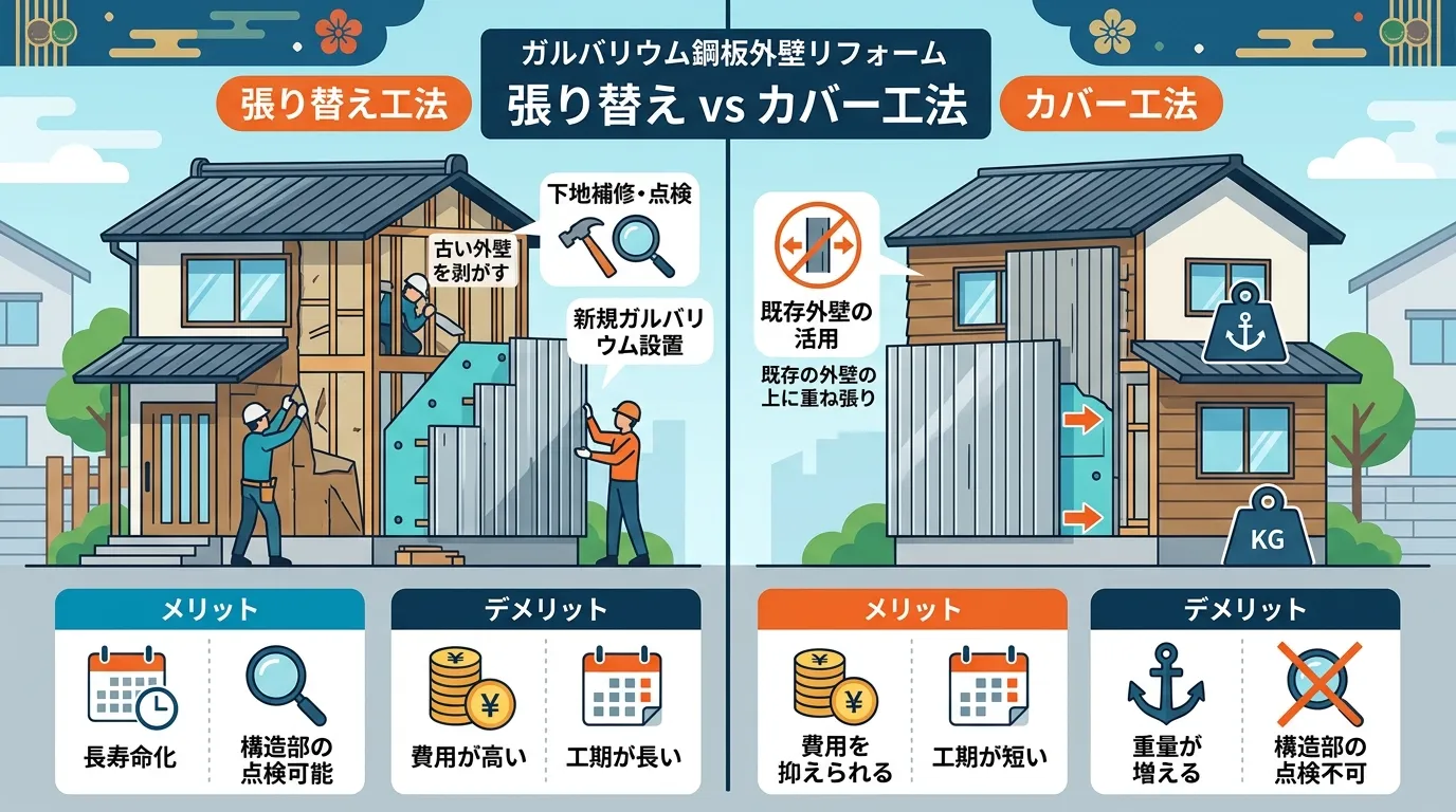 現代日本をベースに、日本人や日本の風景を使用すること, ガルバリウム鋼板外壁リフォームの「張り替え工法」と「カバー工法」を比較するインフォグラフィック。画面を左右に分割し、それぞれの工法を家の断面図イ