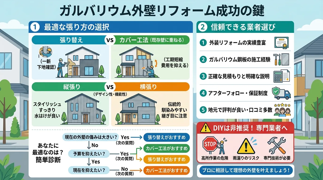 現代日本をベースに、日本人や日本の風景を使用すること, 「ガルバリウム外壁リフォーム成功の鍵」というタイトルのインフォグラフィック。左側に「最適な張り方の選択」として「張り替え/カバー工法」と「縦張り