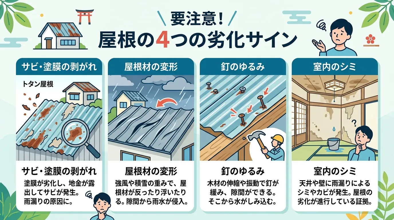 現代日本をベースに、日本人や日本の風景を使用すること, 「トタン屋根の劣化サイン」をテーマにした、分かりやすいインフォグラフィック。フラットデザインのデジタルイラストで、4つのパネルに劣化症状を表現。