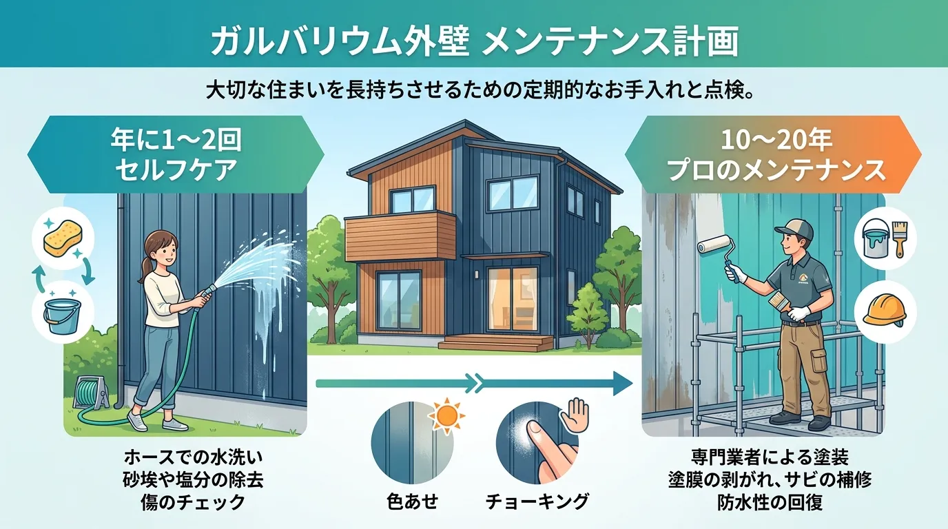 現代日本をベースに、日本人や日本の風景を使用すること, ガルバリウム外壁のメンテナンス計画を示すインフォグラフィック。タイムライン形式で、左に「年に1〜2回 セルフケア」としてホースでの水洗い、右に「